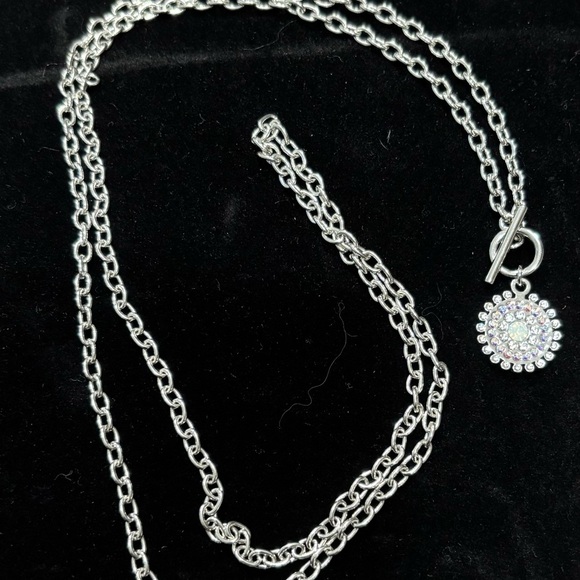 Long Layered Toggle Necklace with Sparkling Medallion Pendant - Picture 2 of 2